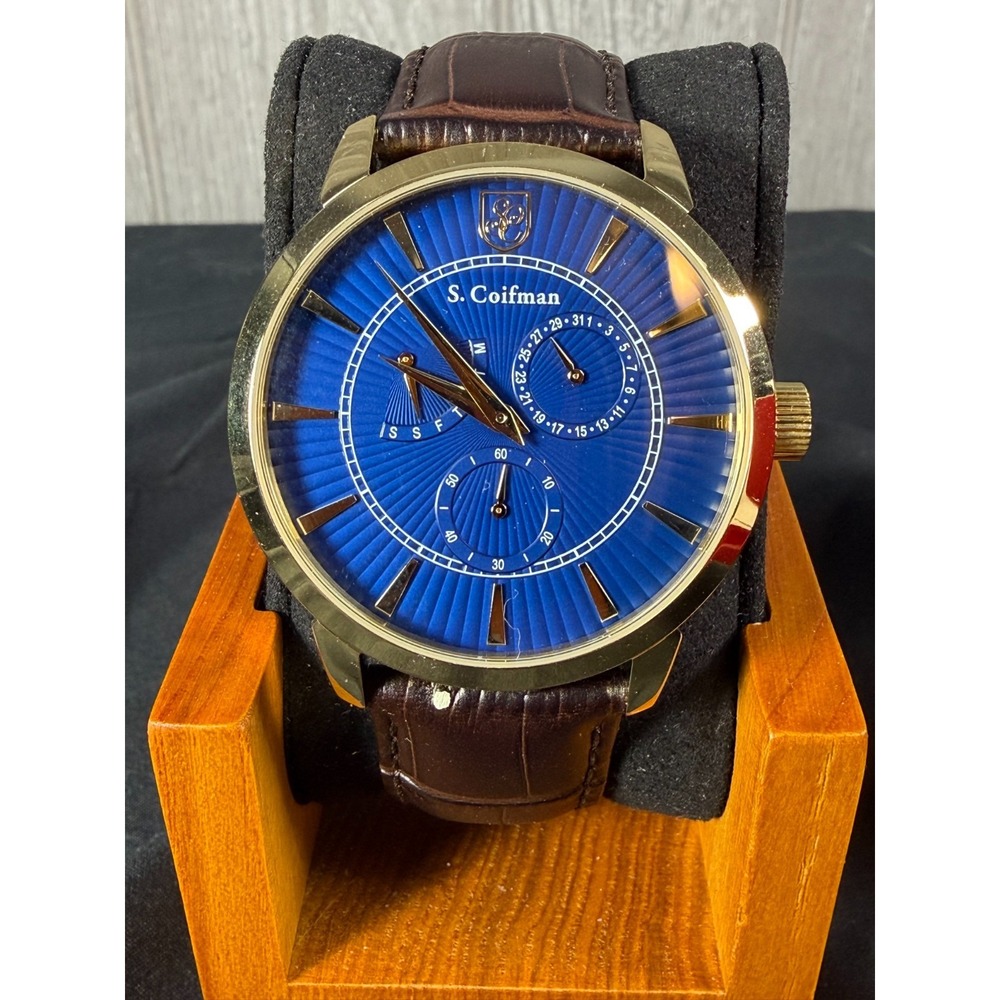 S. Coifman SC0525 Mens Watch Blue Gold Tone Quartz Multifunction Box New Battery